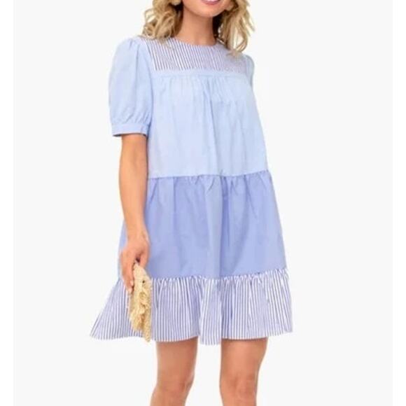 Pomander Place Tuckernuck Quinn Short Puff Sleeve Tiered Mini Dress Blue Small - Picture 1 of 7